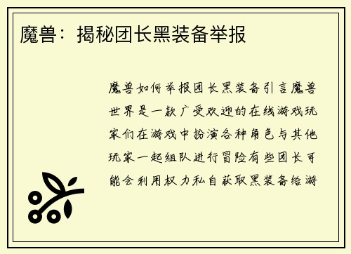 魔兽：揭秘团长黑装备举报